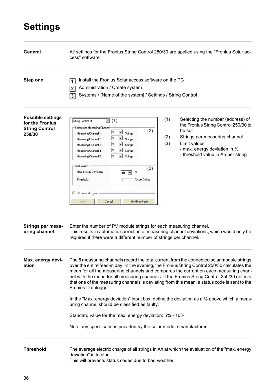 Settings | Fronius String Control 250/30 User Manual | Page 38 / 46