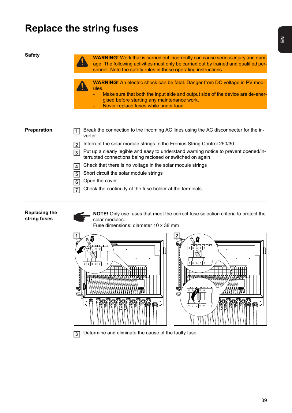 Replace the string fuses | Fronius String Control 250/30 User Manual | Page 41 / 46