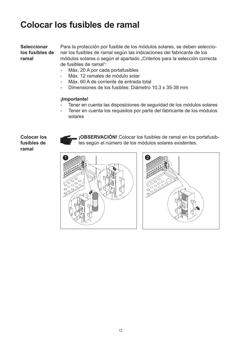 Colocar los fusibles de ramal | Fronius DC Box 60/12 User Manual | Page 104 / 135