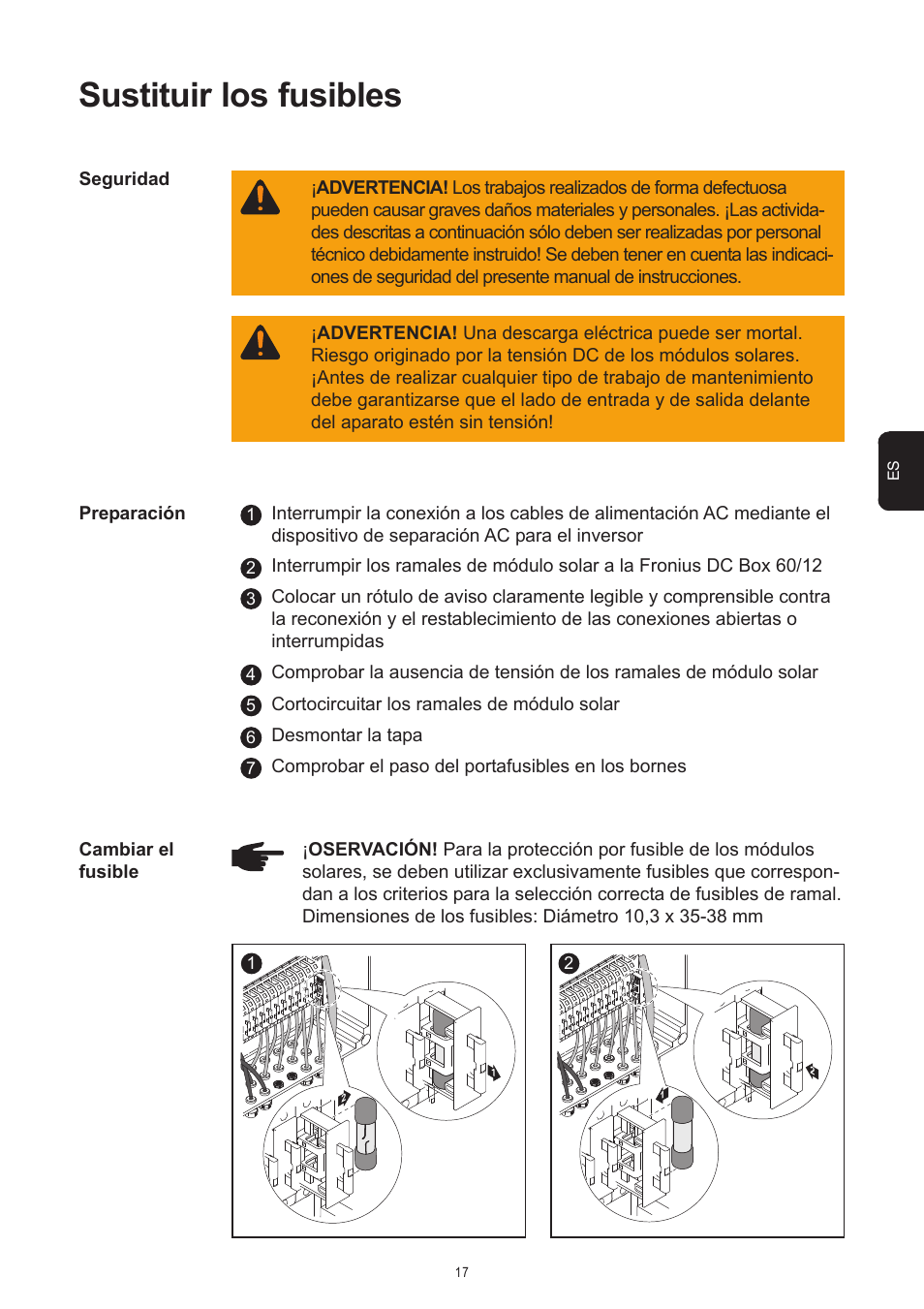 Sustituir los fusibles | Fronius DC Box 60/12 User Manual | Page 109 / 135