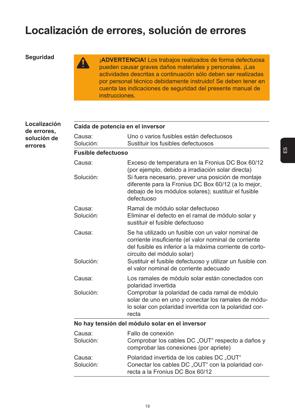 Localización de errores, solución de errores | Fronius DC Box 60/12 User Manual | Page 111 / 135