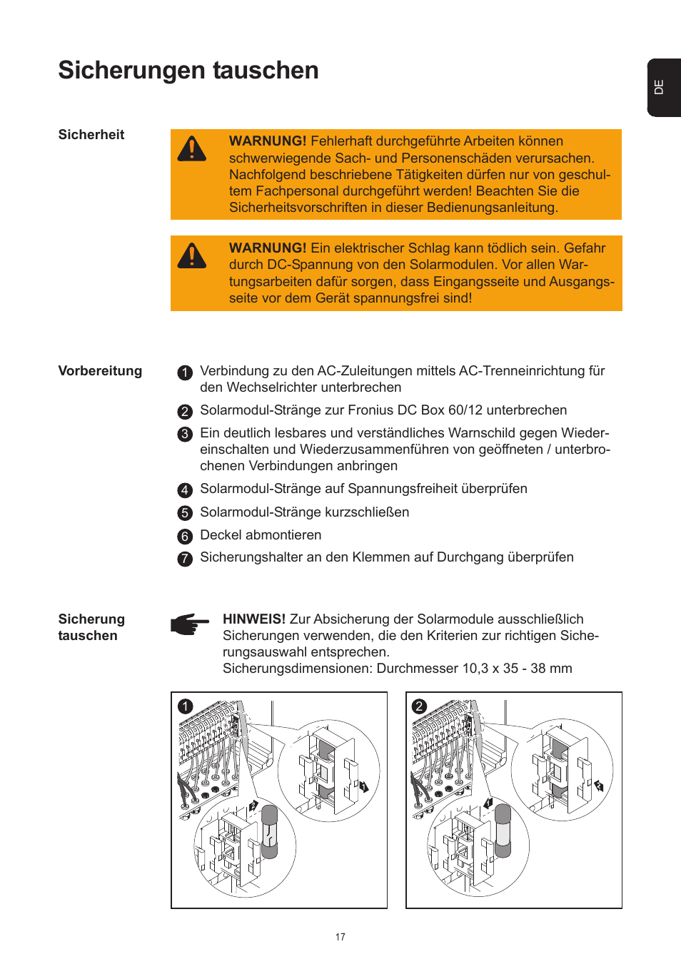 Sicherungen tauschen | Fronius DC Box 60/12 User Manual | Page 21 / 135