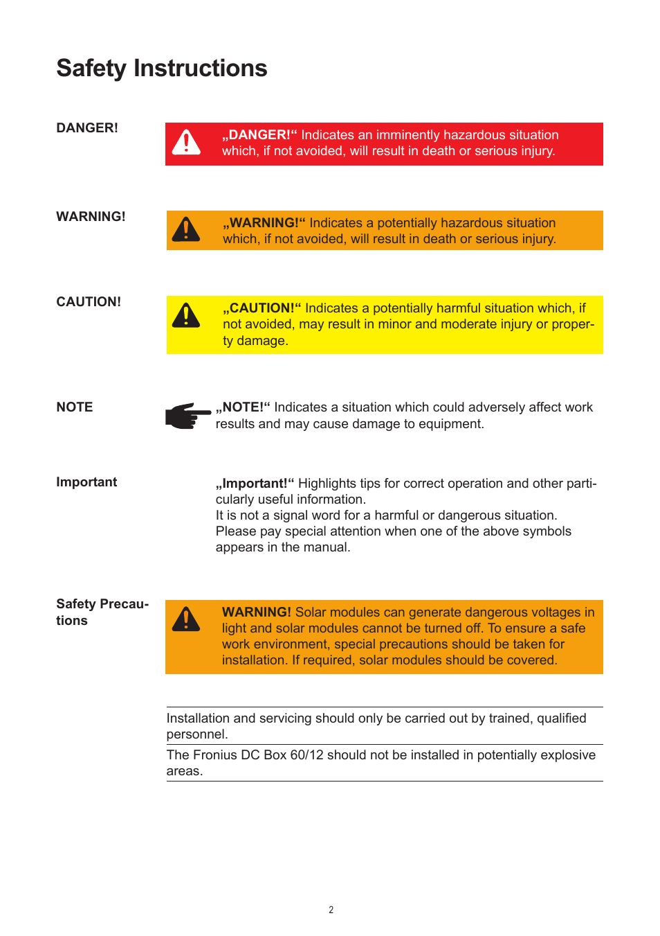 Safety instructions | Fronius DC Box 60/12 User Manual | Page 28 / 135