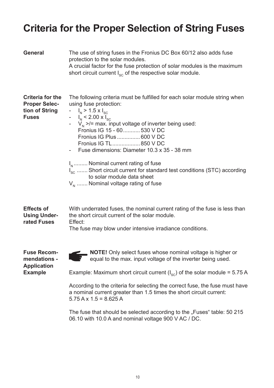 Criteria for the proper selection of string fuses | Fronius DC Box 60/12 User Manual | Page 36 / 135