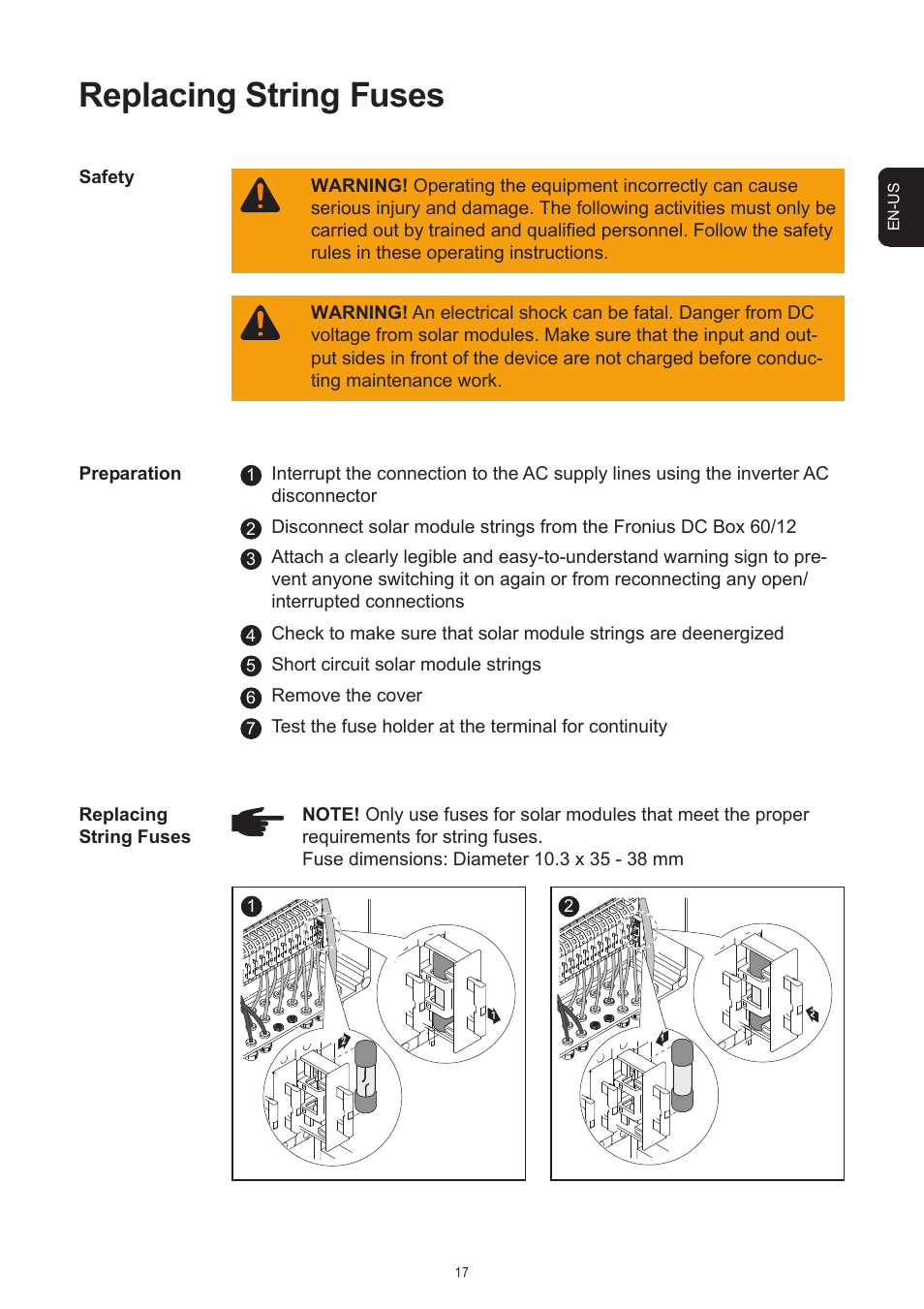 Replacing string fuses | Fronius DC Box 60/12 User Manual | Page 43 / 135