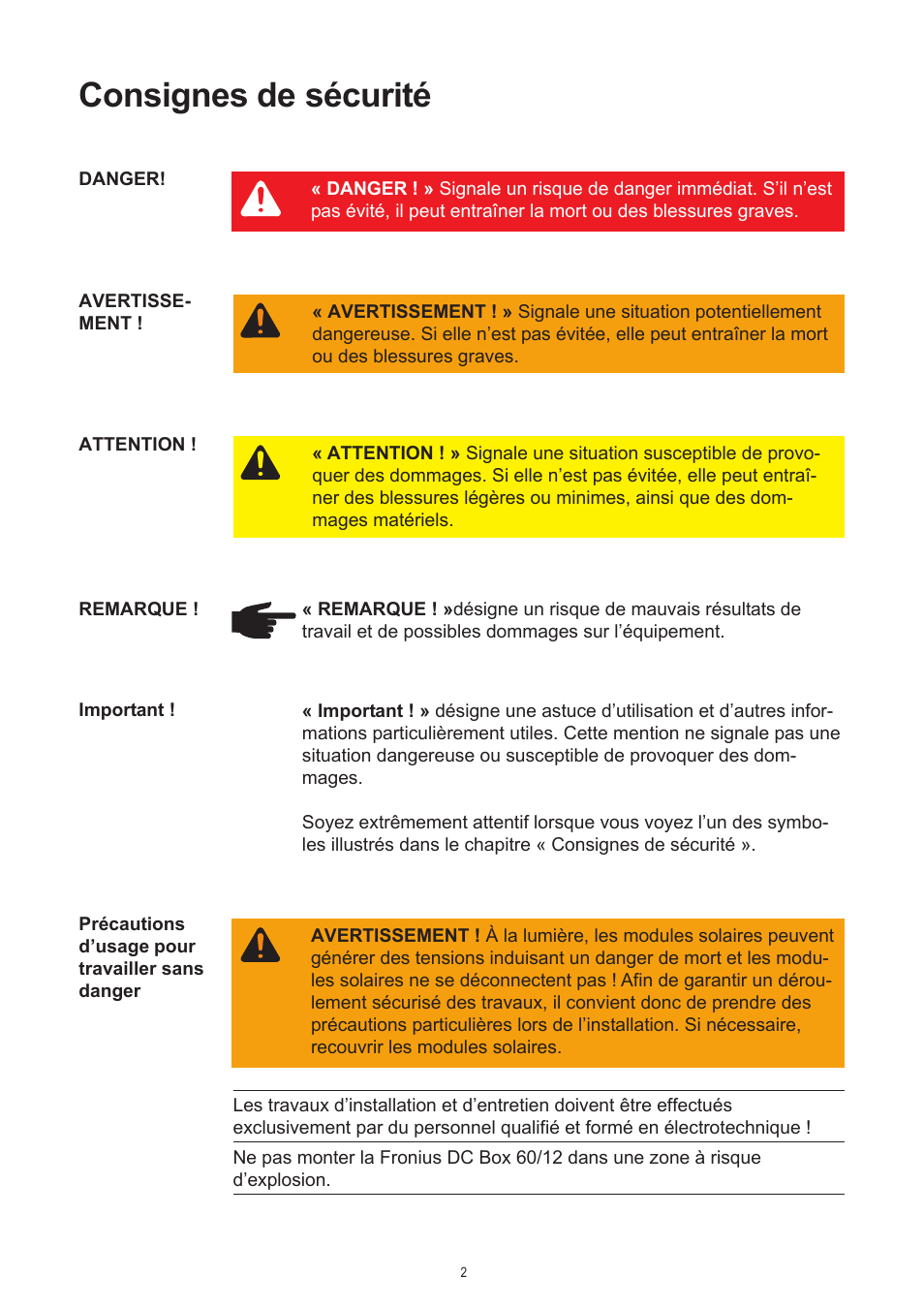 Consignes de sécurité | Fronius DC Box 60/12 User Manual | Page 50 / 135