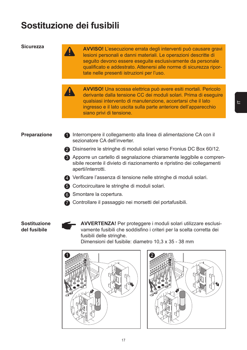 Sostituzione dei fusibili | Fronius DC Box 60/12 User Manual | Page 87 / 135