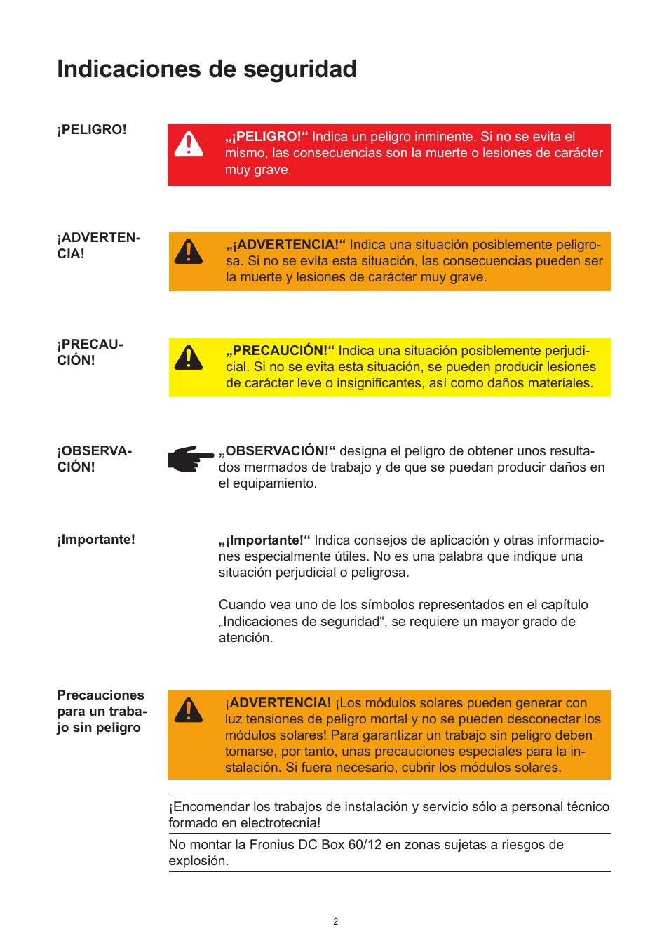 Indicaciones de seguridad | Fronius DC Box 60/12 User Manual | Page 94 / 135