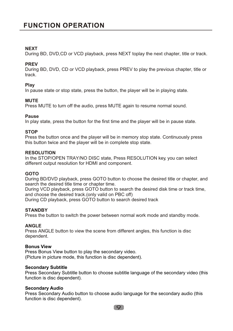 Т³гж 10, Function operation | Curtis DVD1100 User Manual | Page 10 / 20