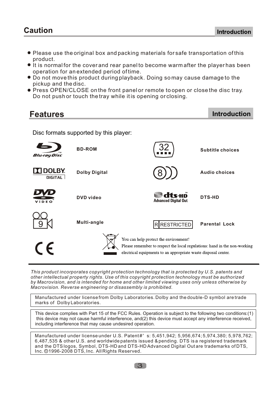 Т³гж 4, Features, Introduction | Curtis DVD1100 User Manual | Page 4 / 20