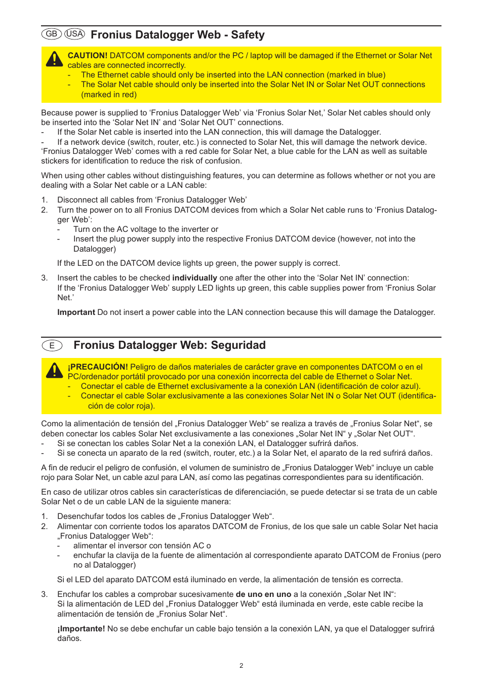 Fronius datalogger web: seguridad, Fronius datalogger web - safety | Fronius Datalogger Web Safety User Manual | Page 2 / 6