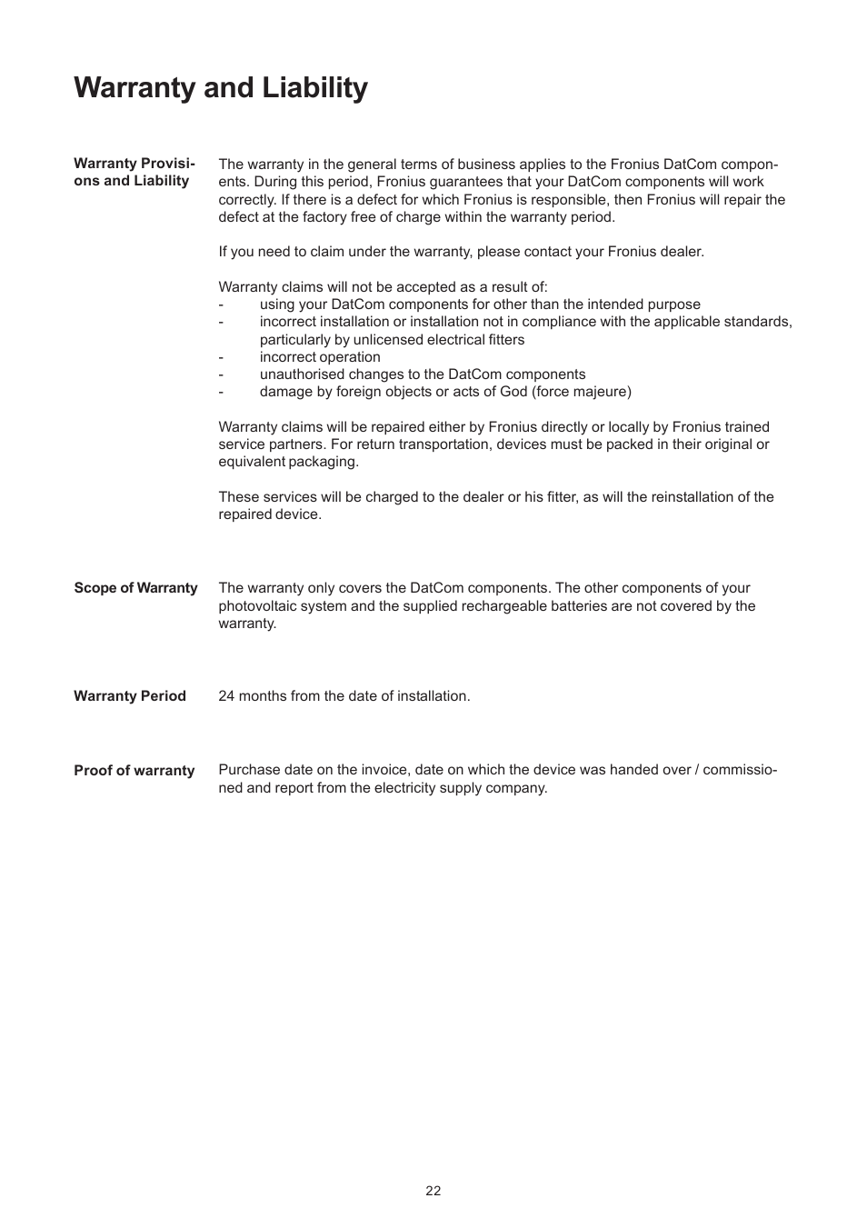 Warranty and liability | Fronius Personal Display User Manual | Page 26 / 100