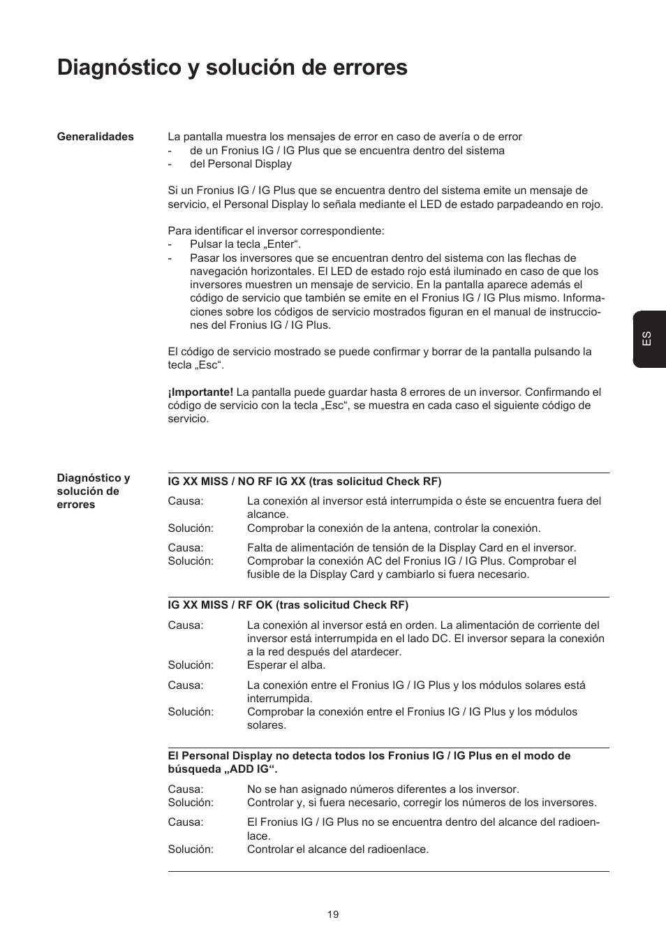 Diagnóstico y solución de errores | Fronius Personal Display User Manual | Page 47 / 100