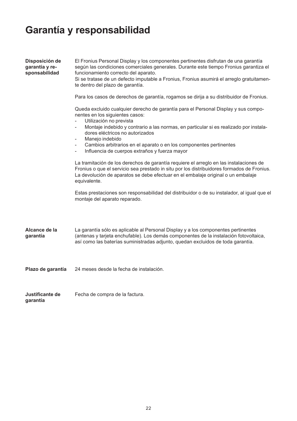 Garantía y responsabilidad | Fronius Personal Display User Manual | Page 50 / 100