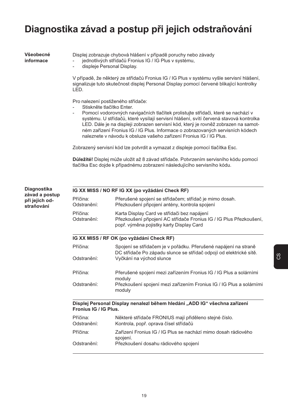 Diagnostika závad a postup při jejich odstraňování | Fronius Personal Display User Manual | Page 71 / 100