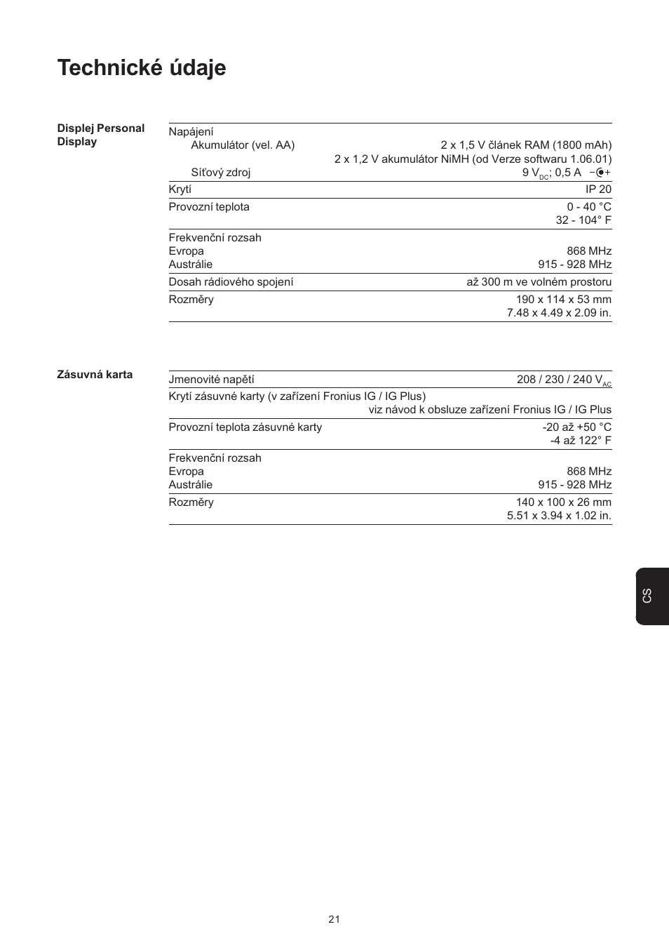 Technické údaje | Fronius Personal Display User Manual | Page 73 / 100