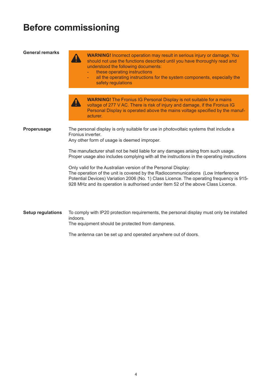 Before commissioning | Fronius Personal Display User Manual | Page 8 / 100