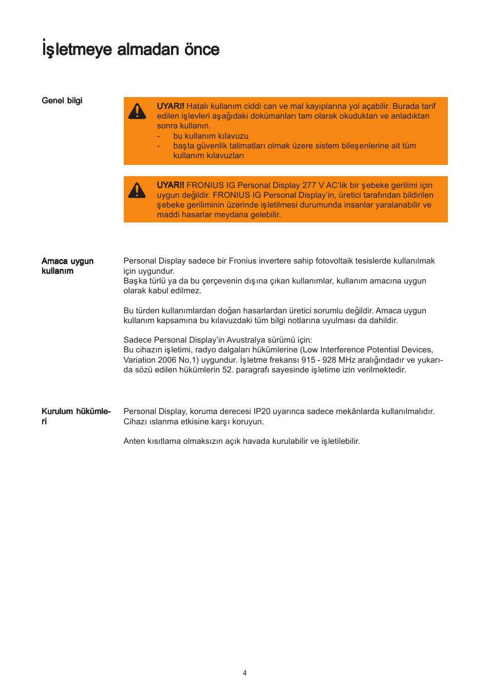 Ýþletmeye almadan önce | Fronius Personal Display User Manual | Page 80 / 100