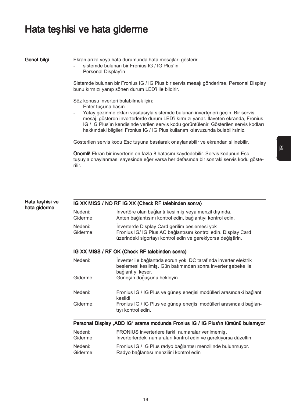 Hata teþhisi ve hata giderme | Fronius Personal Display User Manual | Page 95 / 100