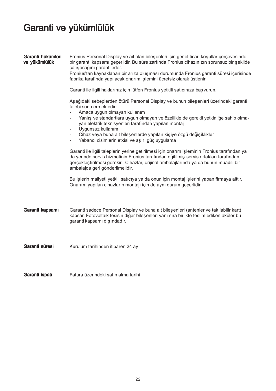 Garanti ve yükümlülük | Fronius Personal Display User Manual | Page 98 / 100