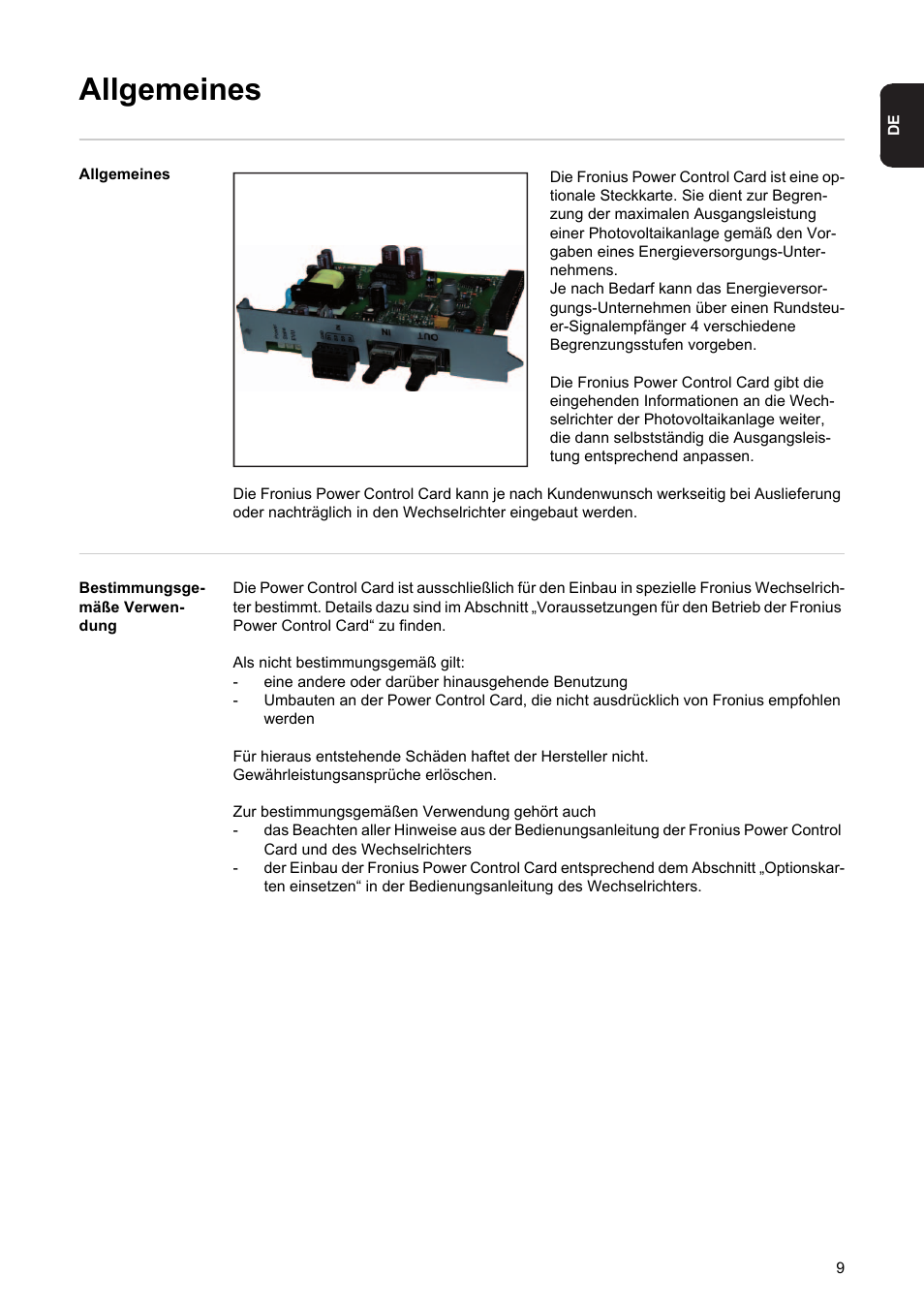 Allgemeines | Fronius Power Control Card User Manual | Page 11 / 80