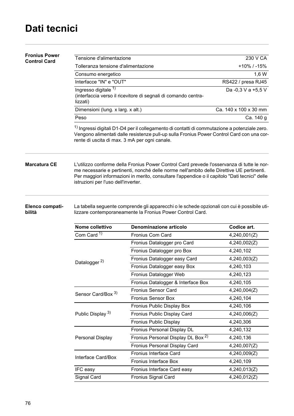 Dati tecnici | Fronius Power Control Card User Manual | Page 78 / 80