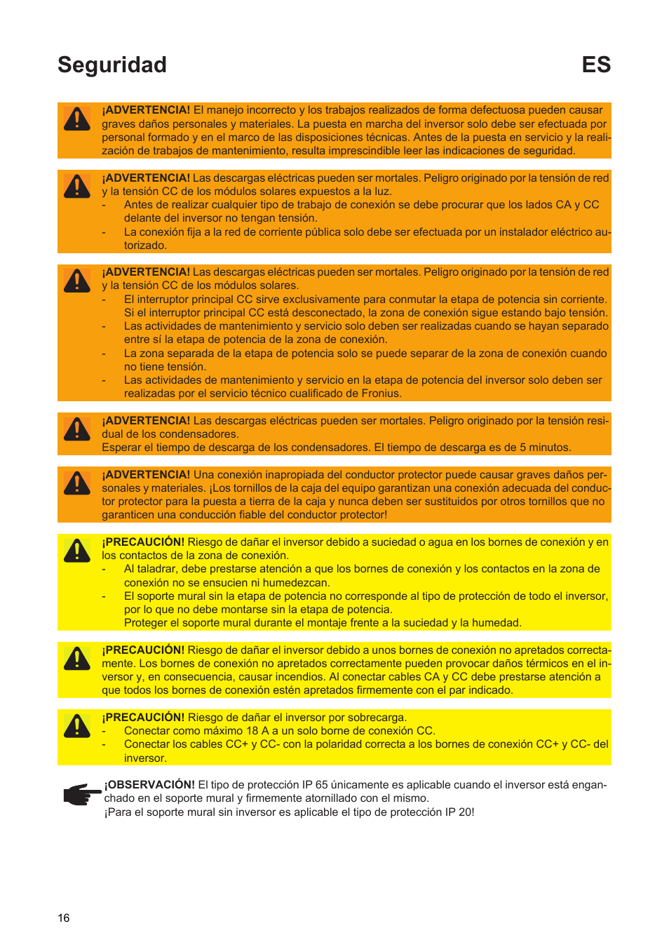 Seguridad es | Fronius Primo Installation User Manual | Page 18 / 48