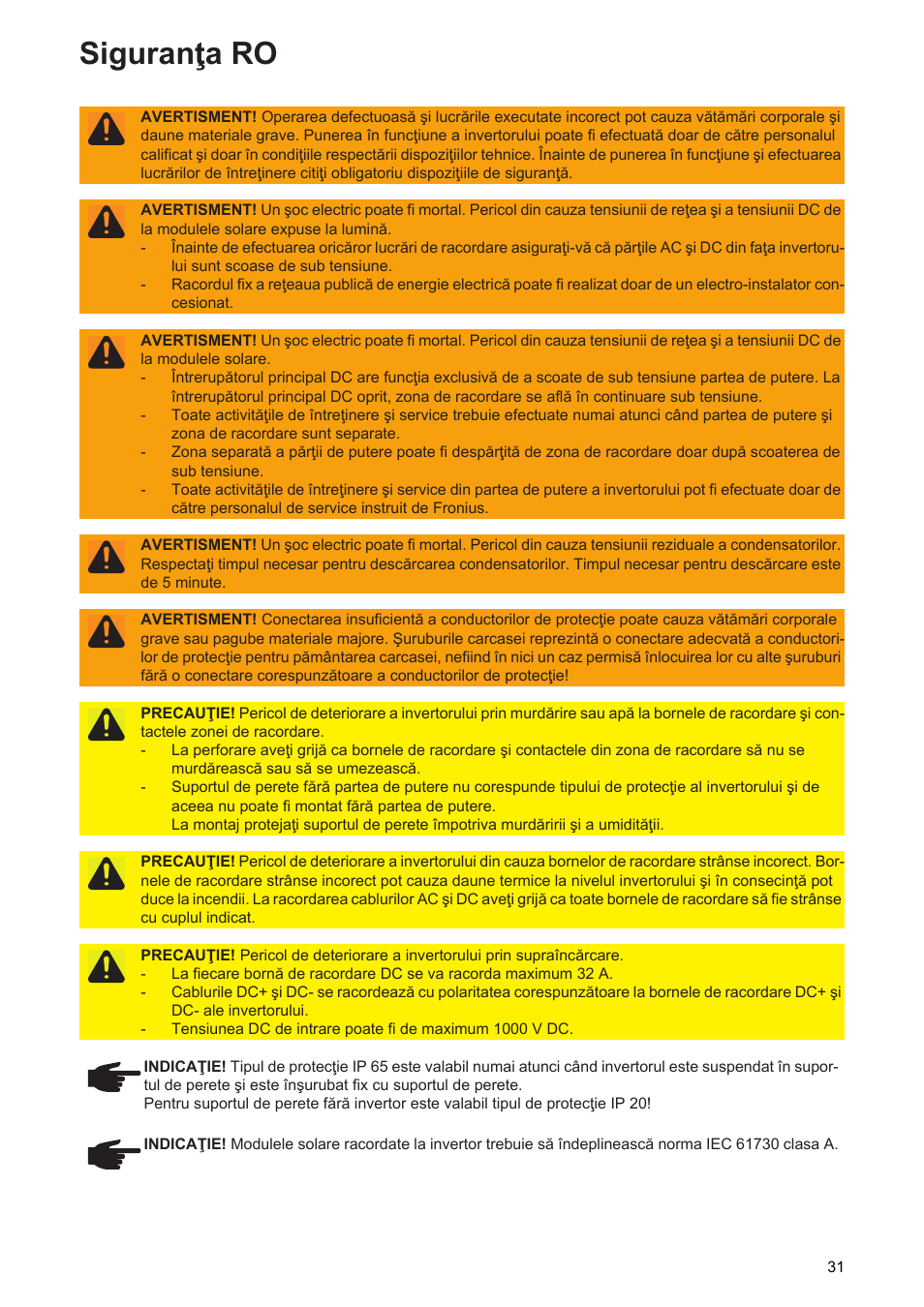 Siguranţa ro | Fronius Symo Installation User Manual | Page 33 / 60