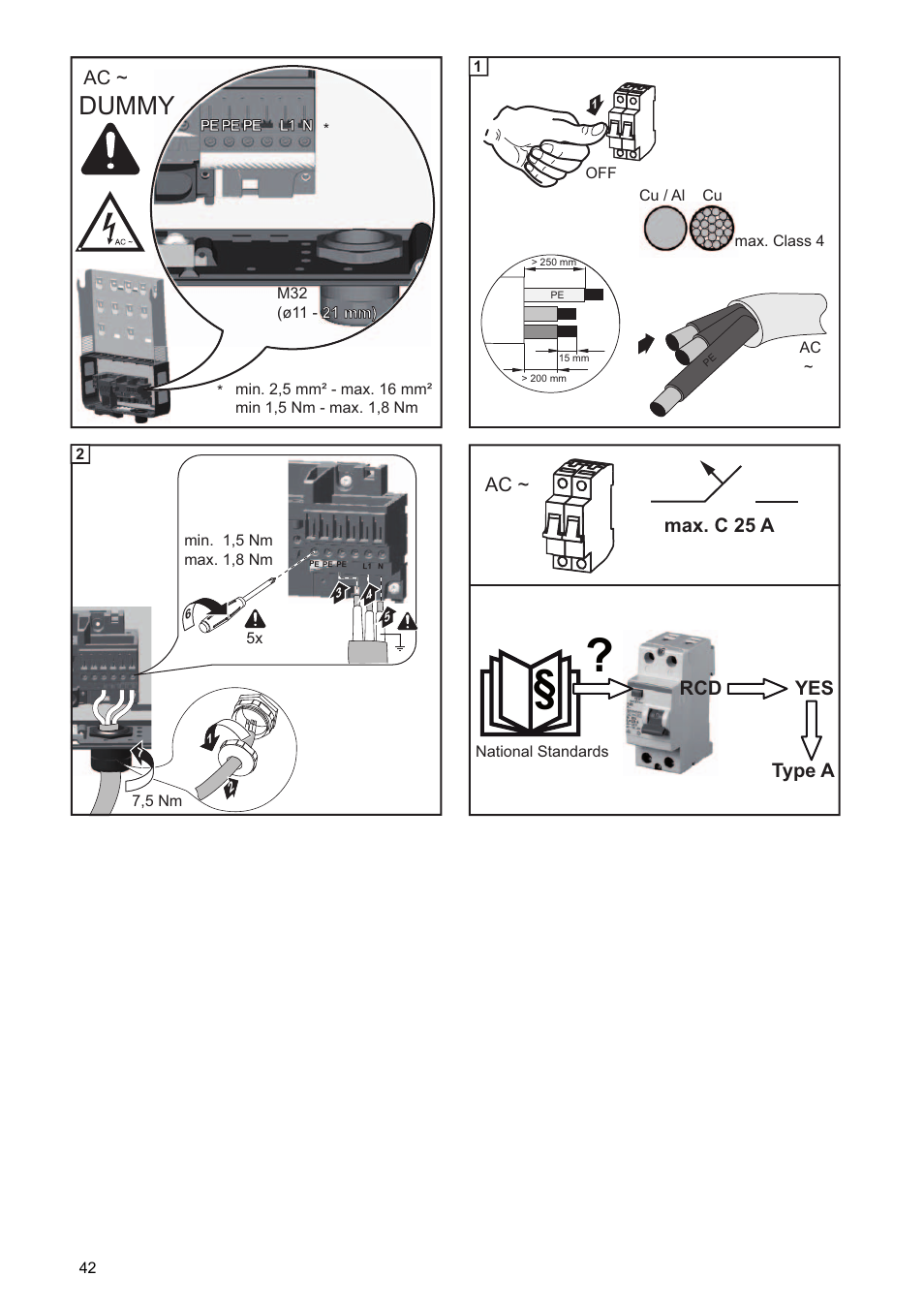 Dummy, Max. c 25 a ac ~ rcd, Type a yes | Fronius Symo Installation User Manual | Page 44 / 60