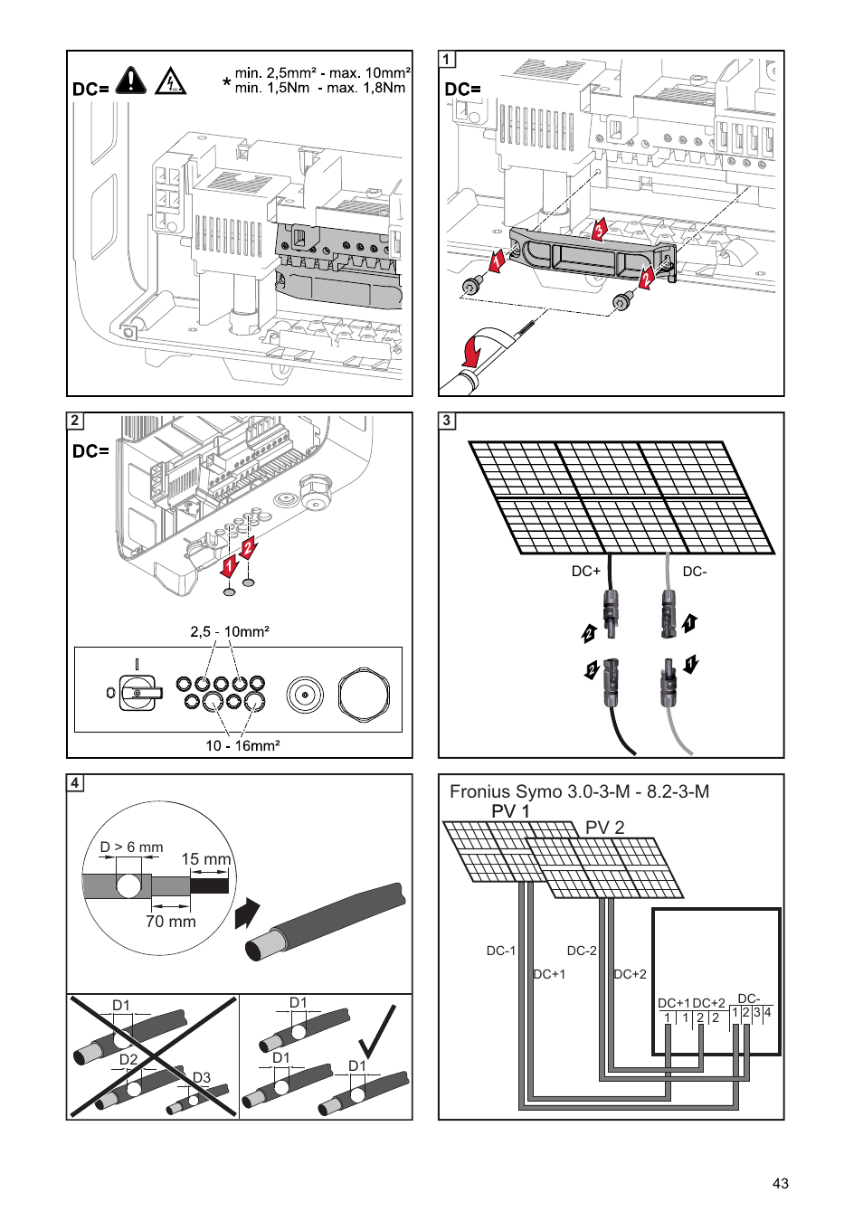 Pv 1, Pv 1 pv 2, 15 mm 70 mm | Fronius Symo Installation User Manual | Page 45 / 60