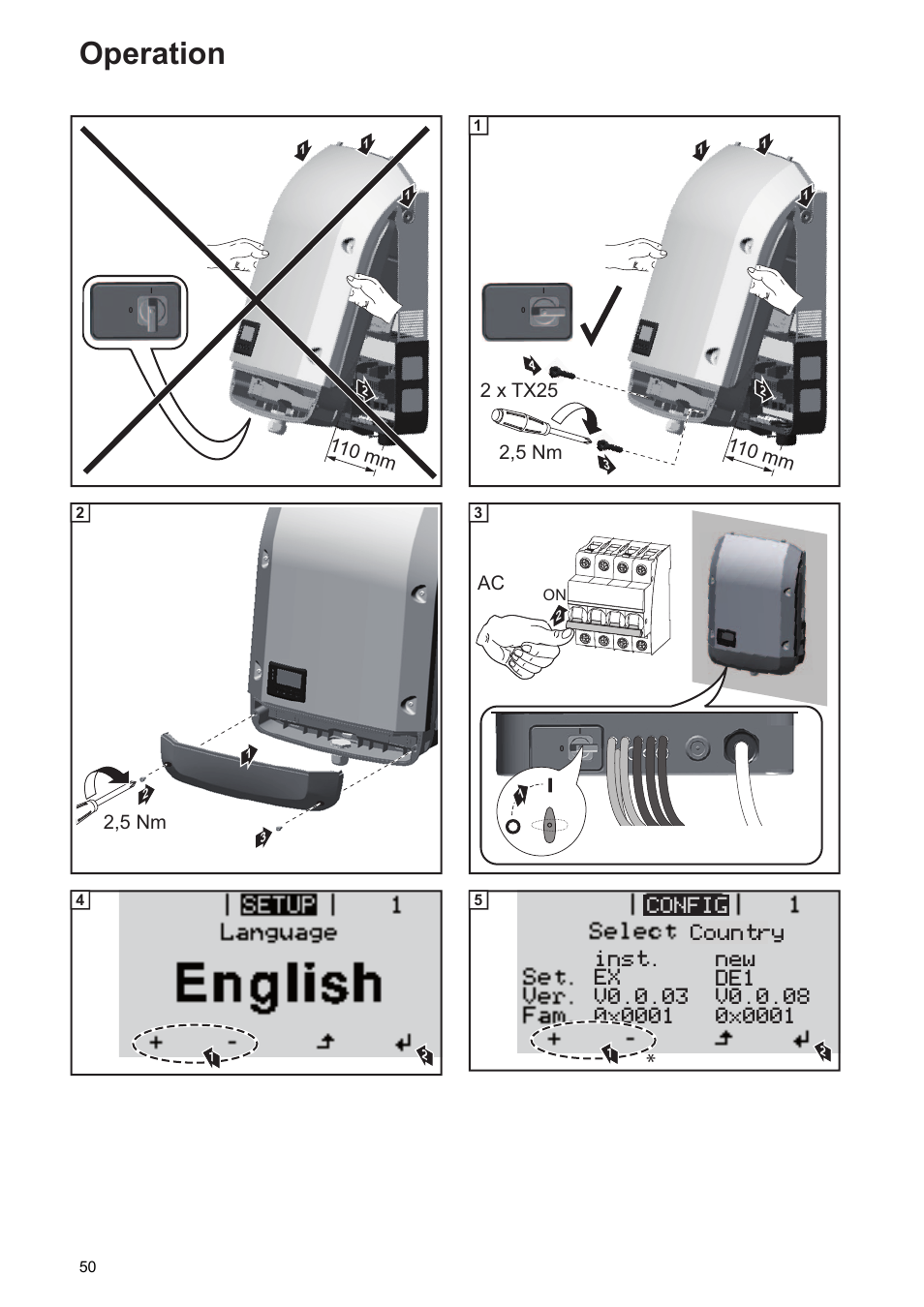 Operation, 110 m m, 2 x tx25 | 2,5 nm, Config country | Fronius Symo Installation User Manual | Page 52 / 60