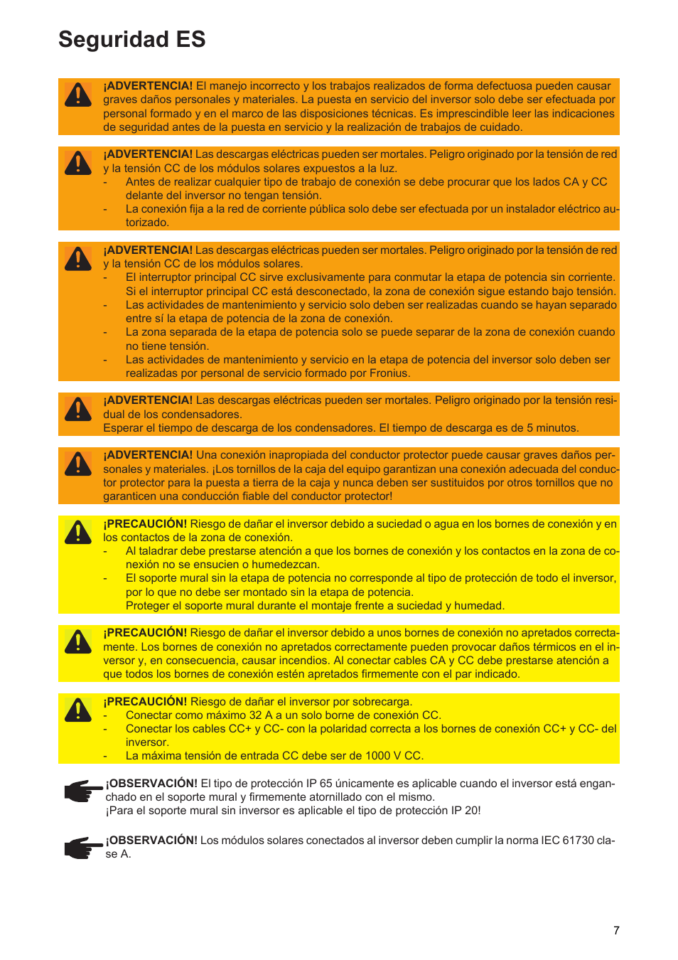 Seguridad es | Fronius Symo Installation User Manual | Page 9 / 60