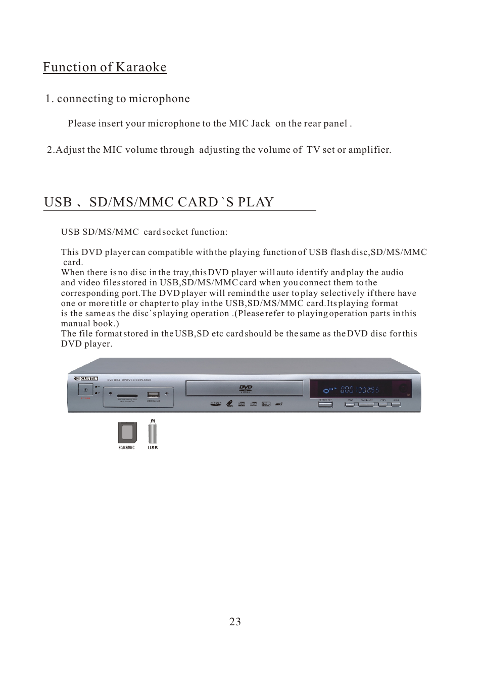 Т³гж 25, Usb sd/ms/mmc card `s play, Function of karaoke | Connecting to microphone | Curtis DVD 1084 User Manual | Page 25 / 26