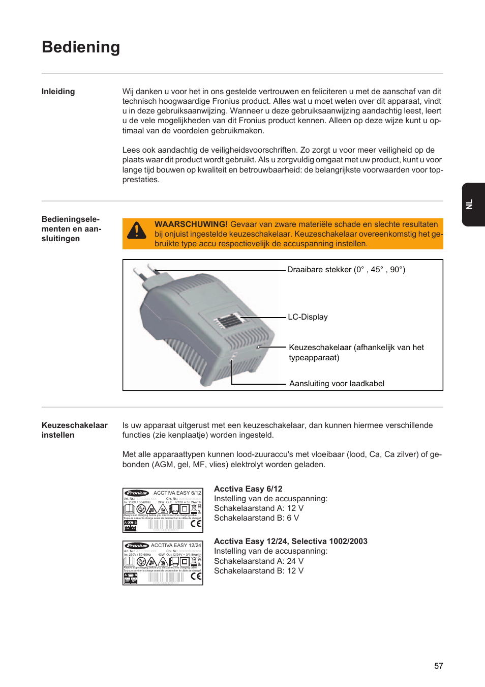 Bediening, 57 nl | Fronius Acctiva Easy User Manual | Page 59 / 72