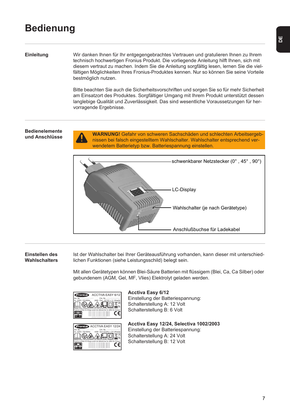Bedienung | Fronius Acctiva Easy User Manual | Page 9 / 72