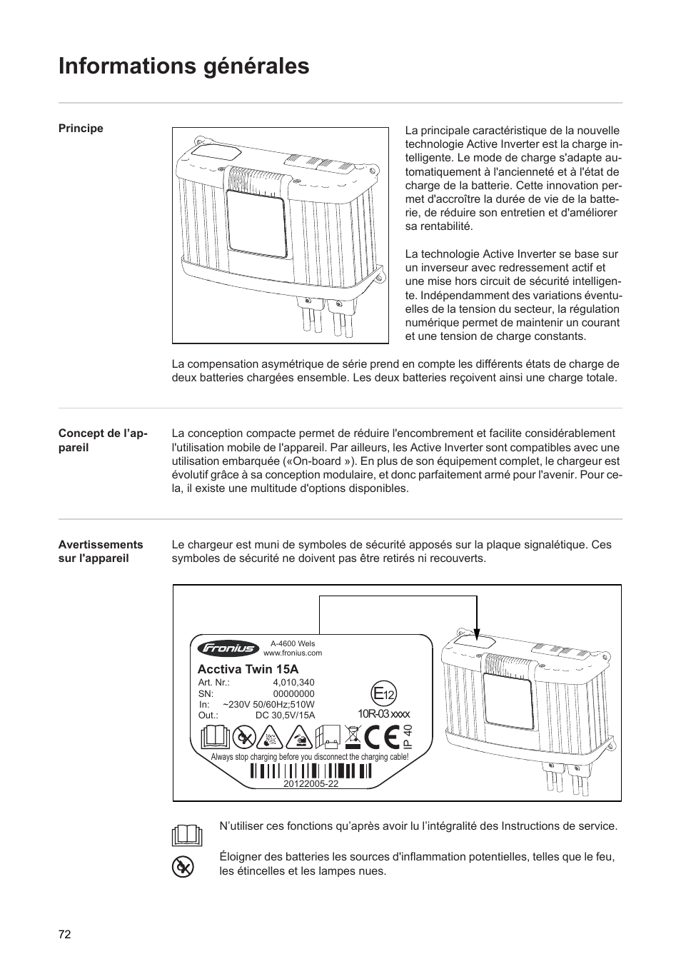 Informations générales | Fronius Acctiva Twin 15A User Manual | Page 74 / 122