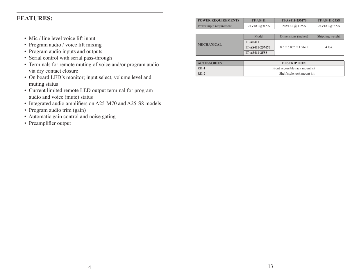 Features | FSR IT-AS411 Series User Manual | Page 4 / 8