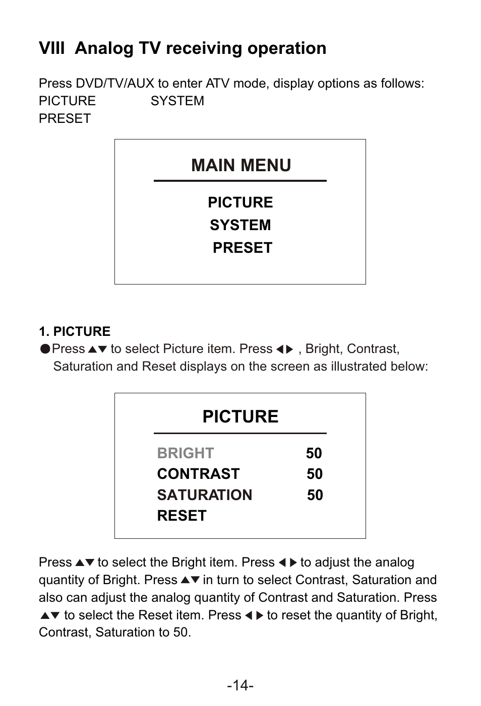 Т³гж 16, Picture, Main menu | Viii analog tv receiving operation | Curtis KCR2620DUK User Manual | Page 16 / 29