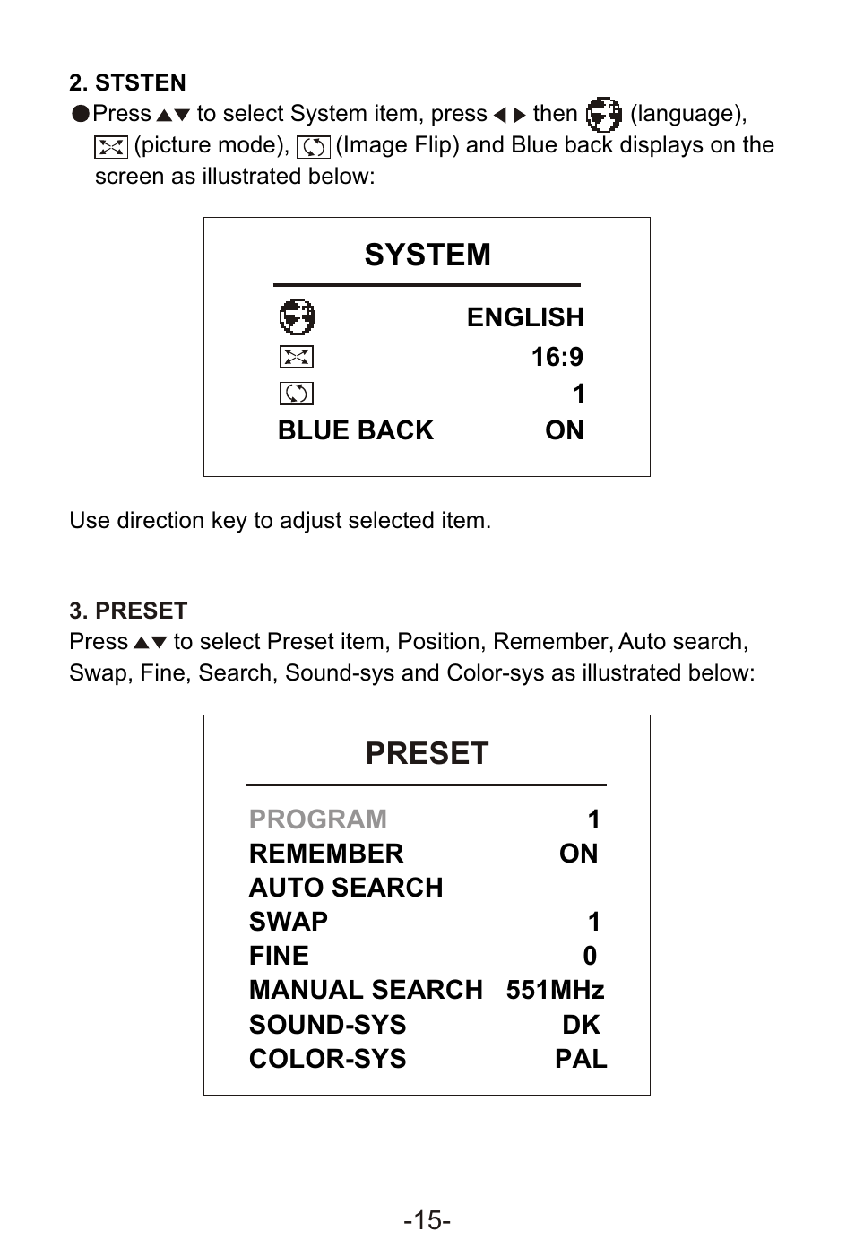Т³гж 17, Preset, System | Curtis KCR2620DUK User Manual | Page 17 / 29