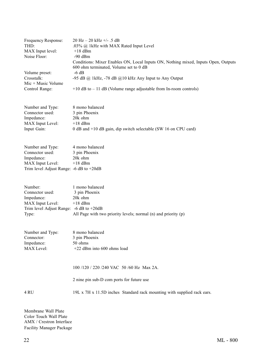 System specifications | FSR ML-800 User Manual | Page 21 / 44