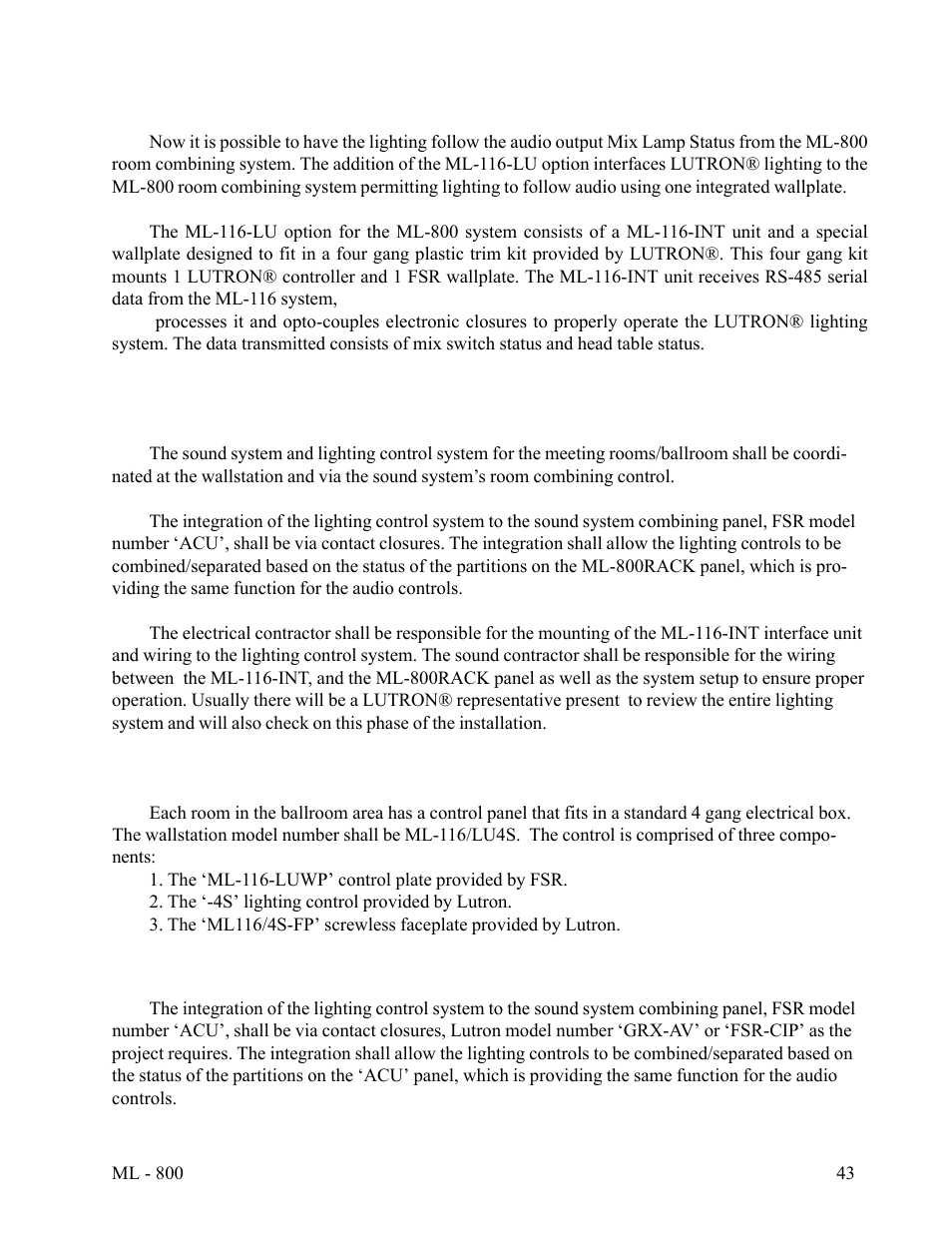 Sound system/lighting control system integration | FSR ML-800 User Manual | Page 43 / 44