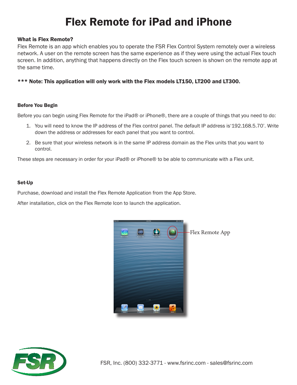 Flex remote for ipad and iphone | FSR FLEX Remote for iOS Users Guide User Manual | Page 2 / 10