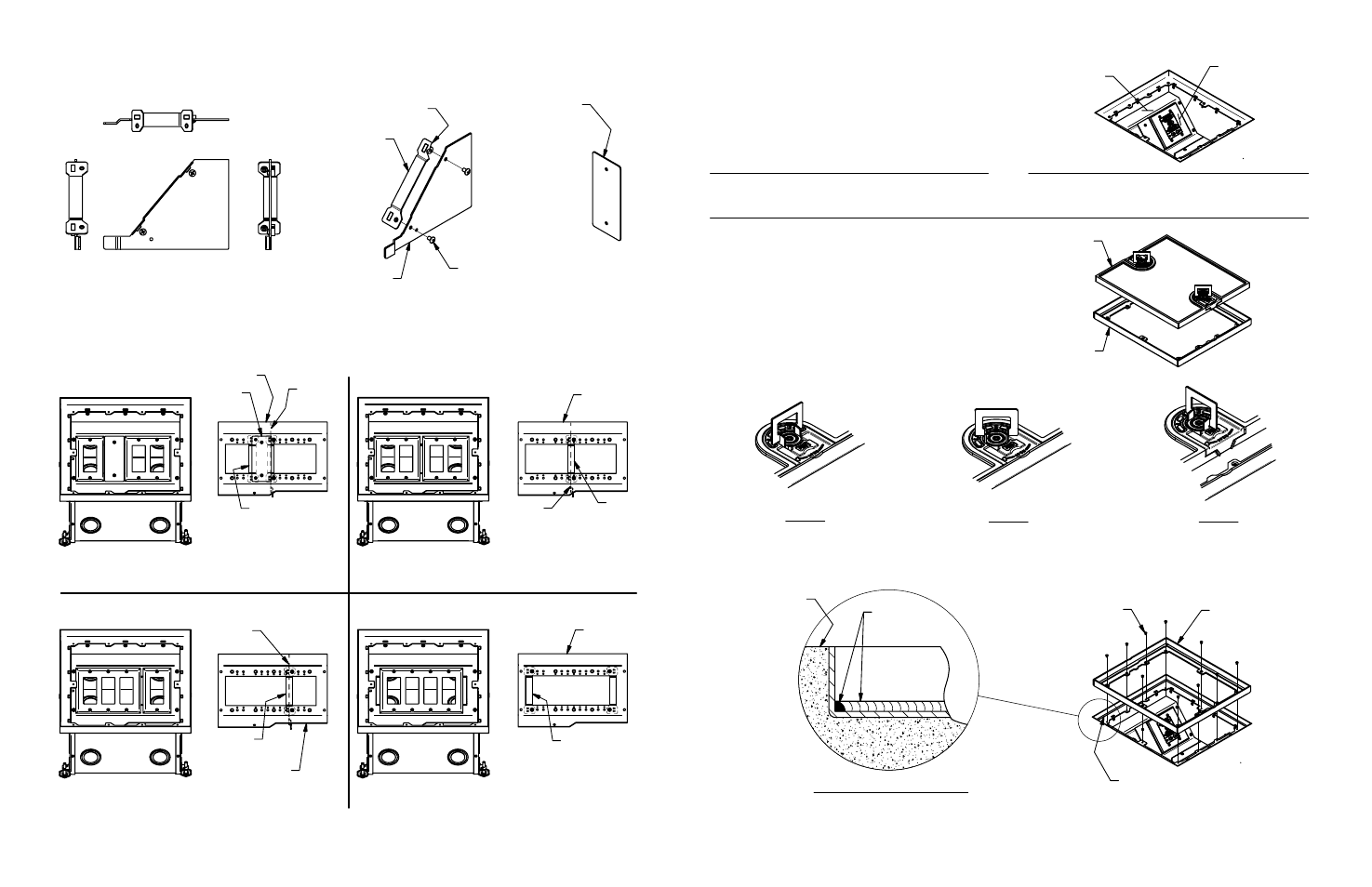 Gang divider assembly, Installing electronic components, Cover rim installation | Gang mounting bracket configuration, Latch operation | FSR FLH20-1-BX User Manual | Page 2 / 2