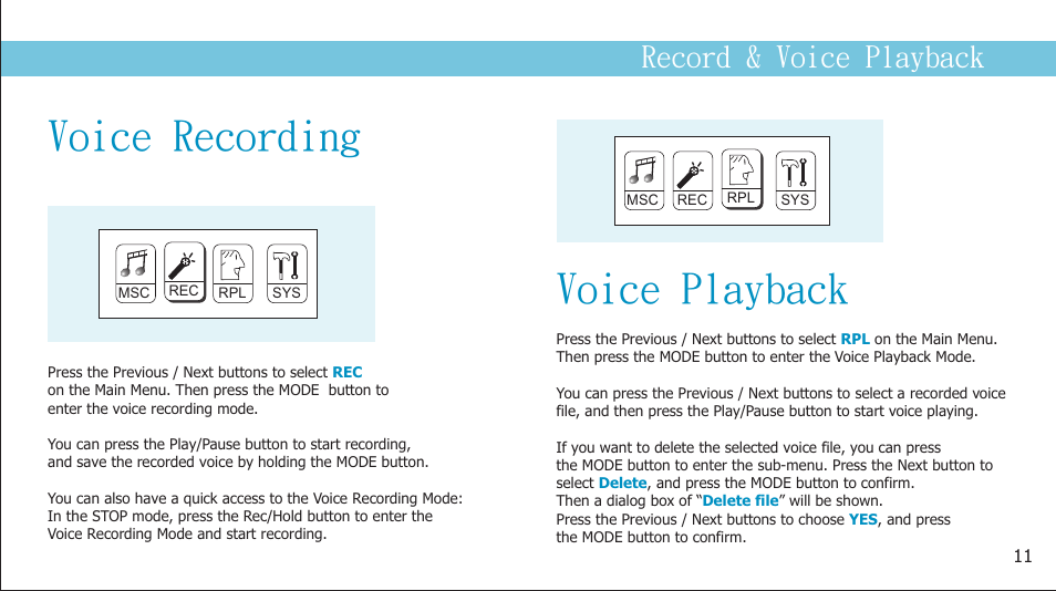 页 13, Voice playback, Voice recording | Record & voice playback | Curtis MPS2015UKA User Manual | Page 13 / 19