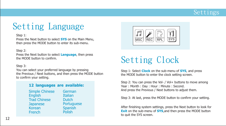 页 14, Setting clock, Setting language | Settings | Curtis MPS2015UKA User Manual | Page 14 / 19