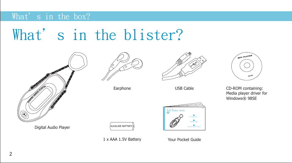 What’s in the blister, What’s in the box, Digital audio player | Curtis MPS2015UKA User Manual | Page 4 / 19