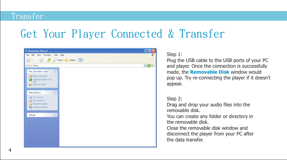 Get your player connected & transfer, Transfer | Curtis MPS2015UKA User Manual | Page 6 / 19