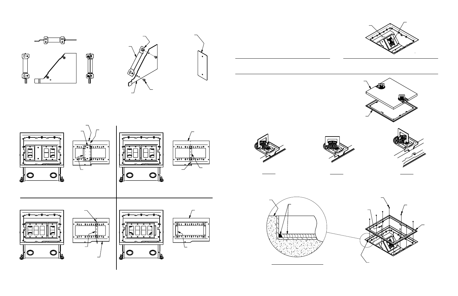 Gang divider assembly, Installing electronic components, Cover rim installation | Gang mounting bracket configuration, Latch operation | FSR FLH20-0-BX User Manual | Page 2 / 2