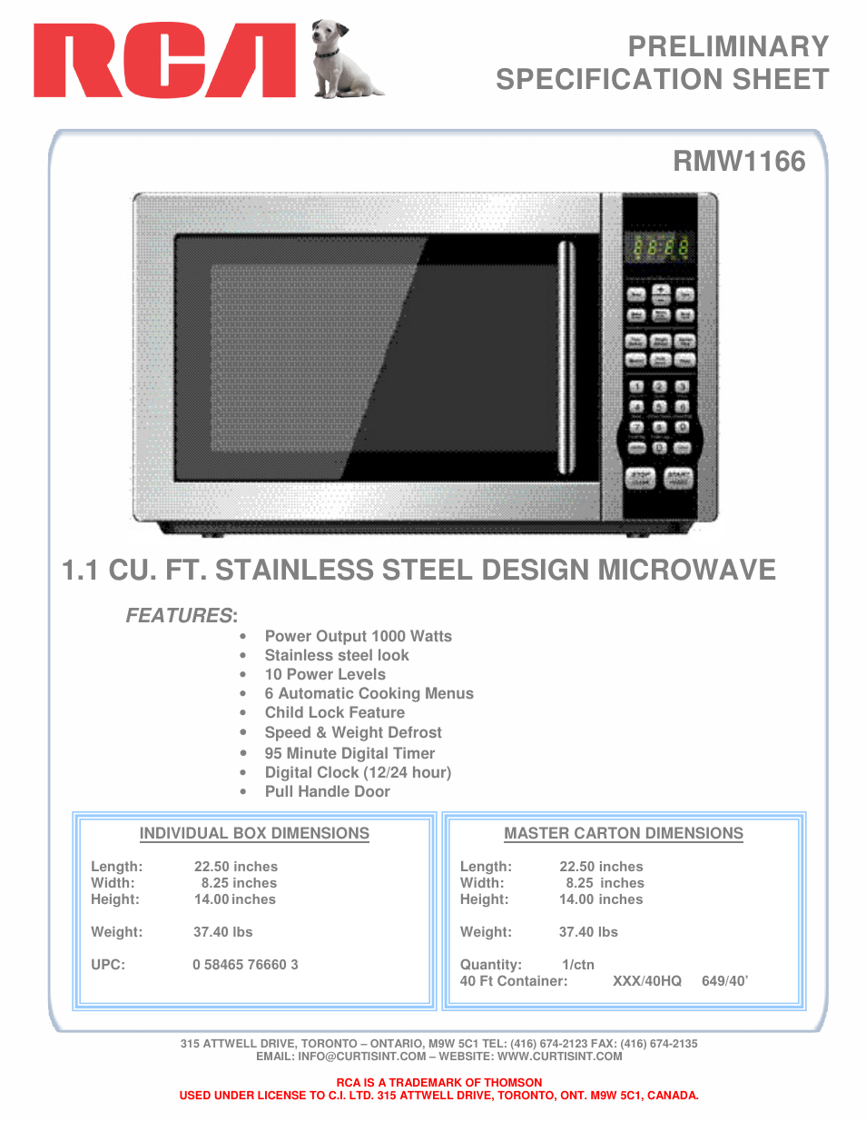 Curtis RMW1166 User Manual | 1 page