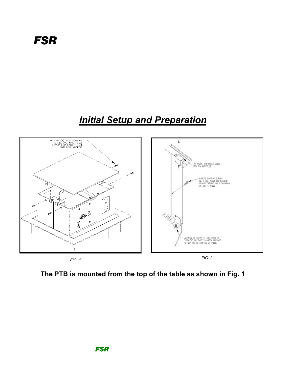 Fsr ptb series pop-up table boxes, Installation and operating instructions, Initial setup and preparation | FSR PTB Series User Manual | Page 2 / 6